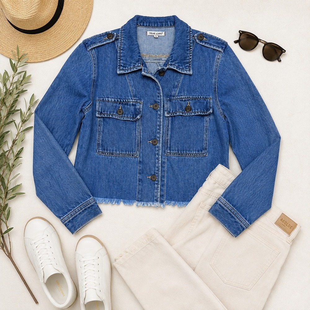 Dear John Lakeside Cropped Denim Jacket Raw Hem Utility Blue Medium